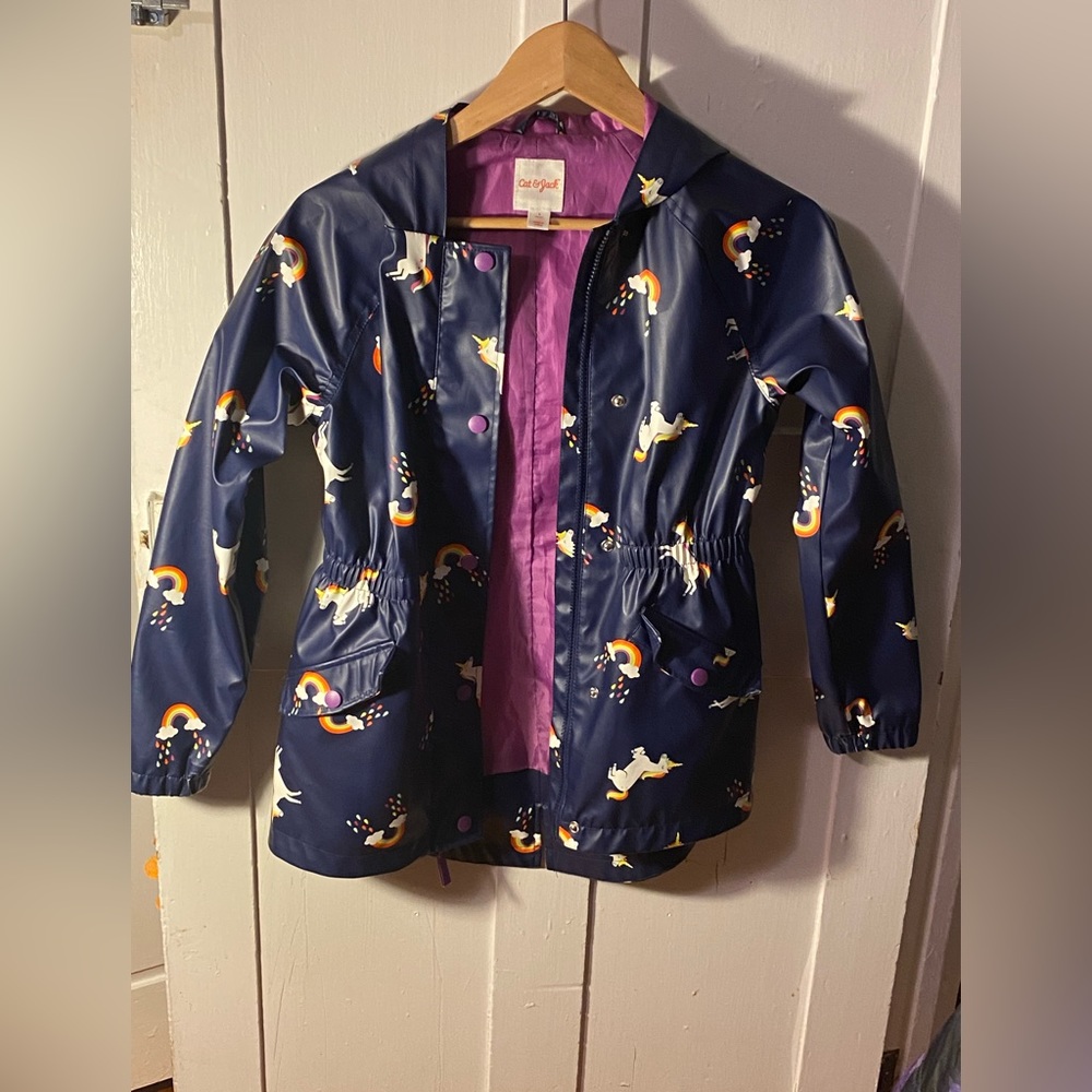 Rain coat with unicorns, pink inner layer, mainly navy blue
